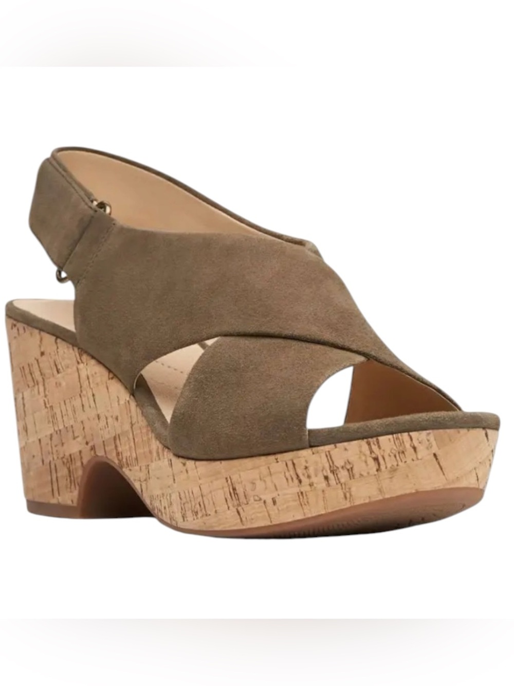 Clarks Artisan Caslynn Shae Cork Wedge Sandals Brown Tan Leather 3” Slingback 7M